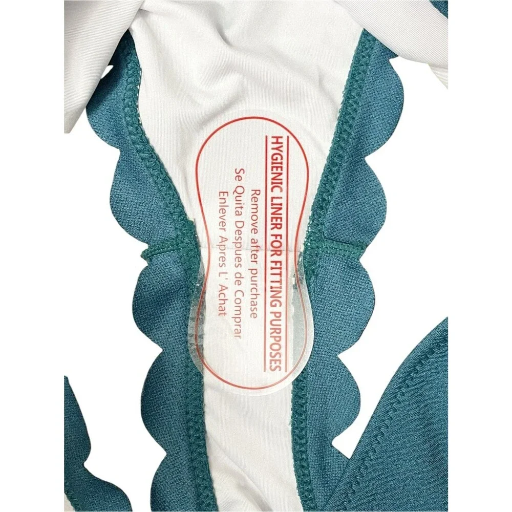 NWT Cupshe Bikini Set M Teal One Shoulder Scallop Edge Textured 2 Piece Swimsuit